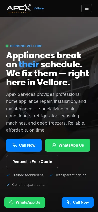 The Apex Services site on a phone screen, showing the hero headline, Call Now and WhatsApp buttons stacked full-width, and a floating WhatsApp button in the lower corner.